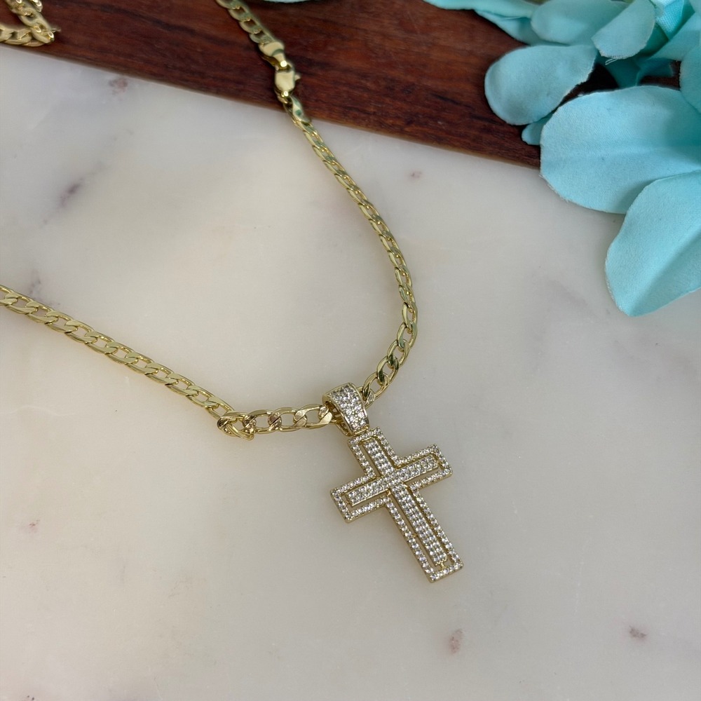 14K Gold Plated XP Unisex Chain Necklace Cross Pendant 18in Curb Link
